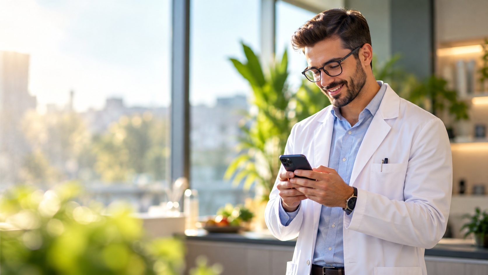 Beyaz önlüklü diyetisyen telefonunda gülümseyerek mesaj yazıyor